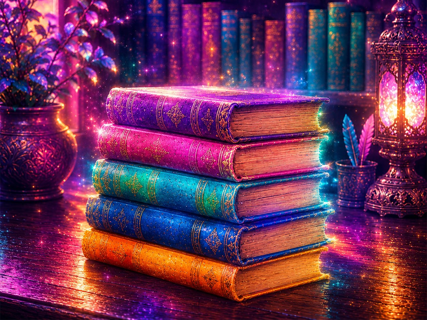 Stack of colorful antique books glowing with magical light on a wooden desk, surrounded by sparkling effects, a lantern, quill pens, and bookshelves in a fantasy-inspired library setting.
