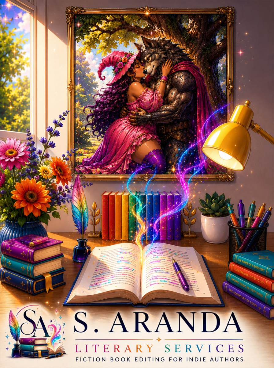 Fantasy-themed literary services illustration featuring an open book on a desk with colorful magical light rising from its pages, surrounded by books, flowers, pens, and a framed painting of a fairy-tale couple.